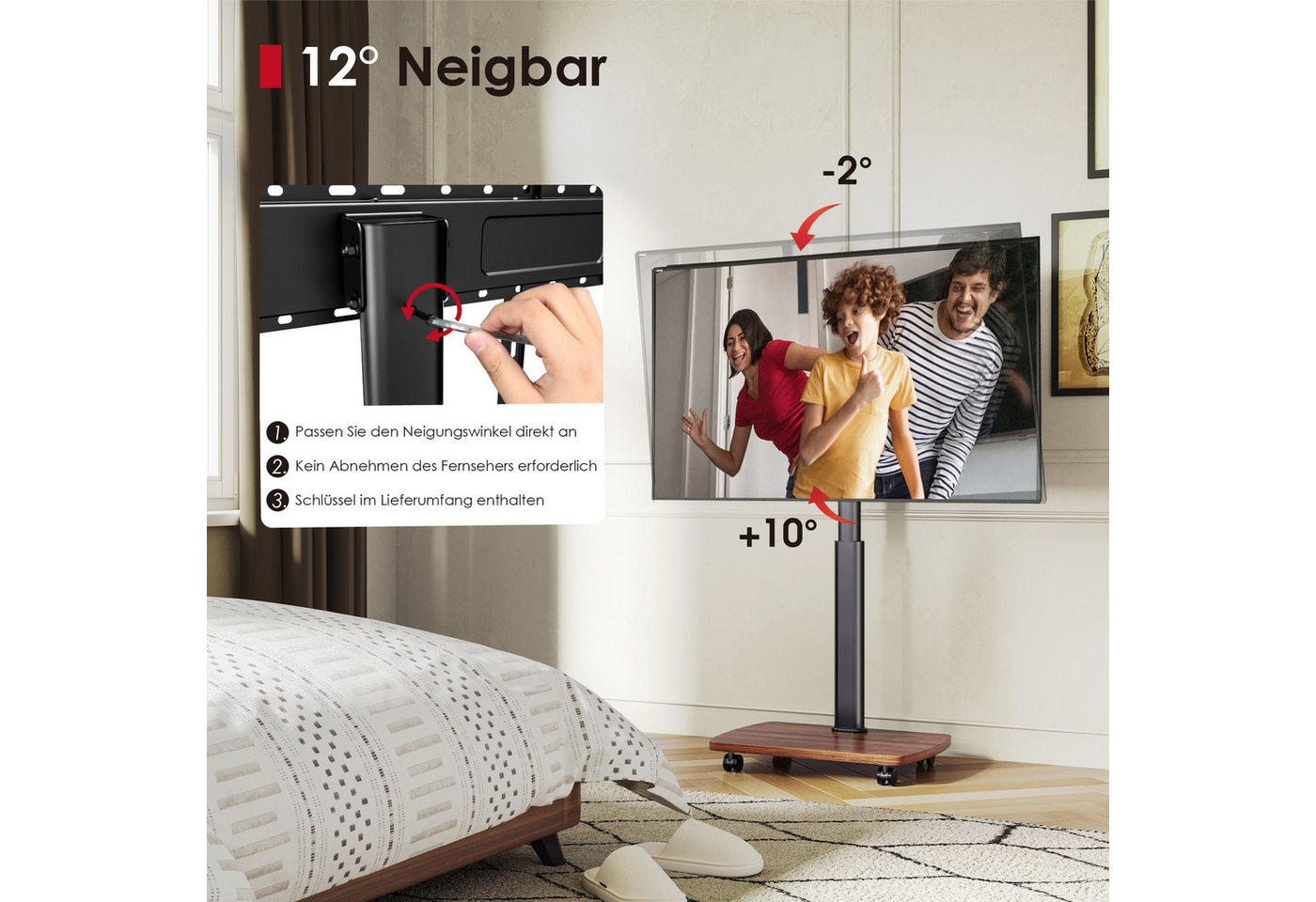 AOKCOS TV-Ständer mit Rollen, höhenverstellbar, ±30° schwenkbar, 32-65 Zoll, (bis 65 Zoll, mit Holz-Bodenplatte, -2° bis +10° neigbar) – Bild 4 von 5