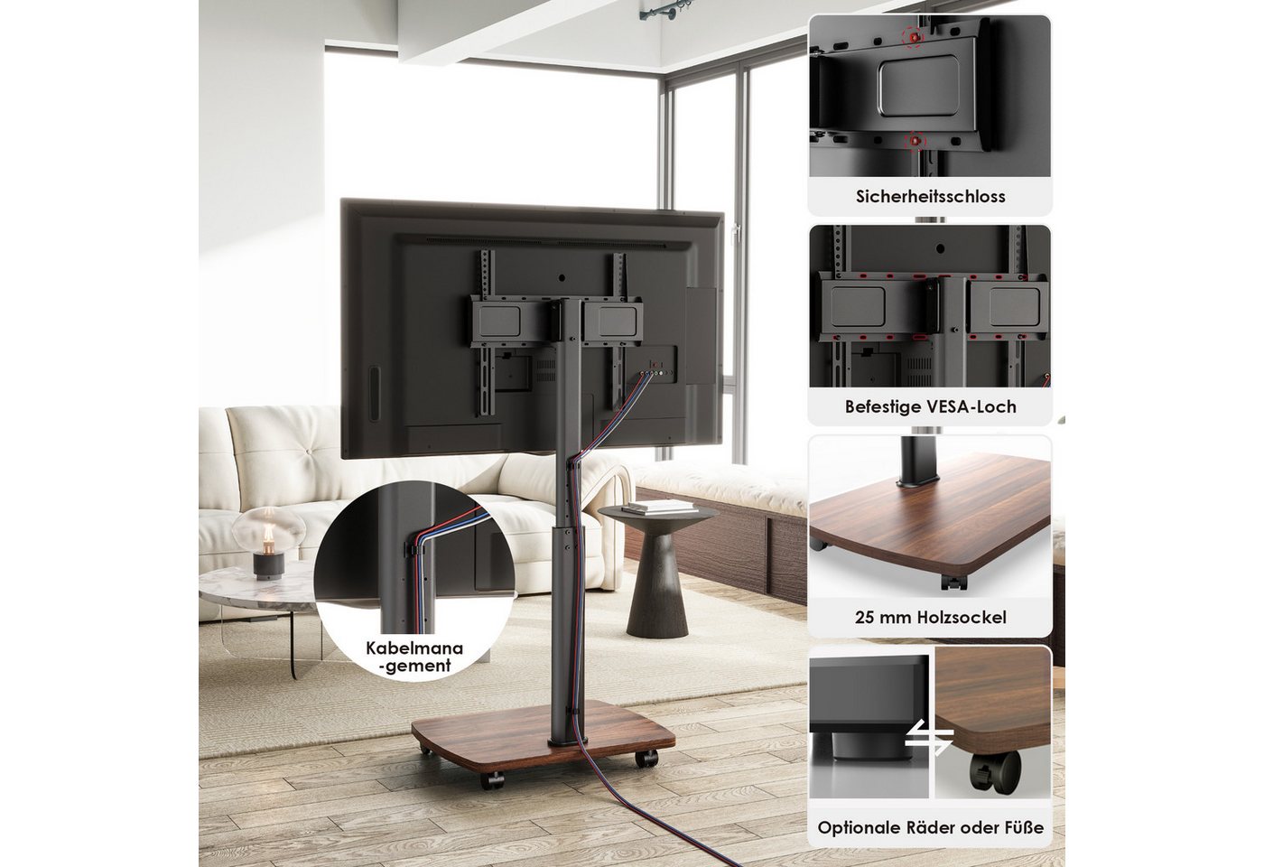 AOKCOS TV-Ständer mit Rollen, höhenverstellbar, ±30° schwenkbar, 32-65 Zoll, (bis 65 Zoll, mit Holz-Bodenplatte, -2° bis +10° neigbar) – Bild 5 von 5