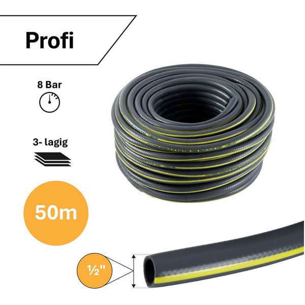 APD Schlauchtechnik Gartenschlauch Gartenschlauch Grau 1/2 Zoll 50 m 3-lagig verstärkt knickfest "Profi"