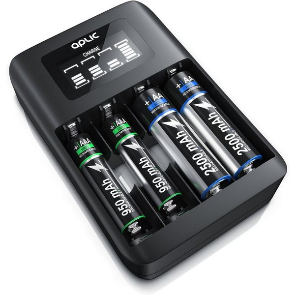 Aplic 4-Schacht USB Ni-MH Akku-Lader, Individuelle Ladeschachtüberwachung Batterie-Ladegerät (1800 mA, 1-tlg., Universal Batterie Ladestation, Typ AA oder AAA, 