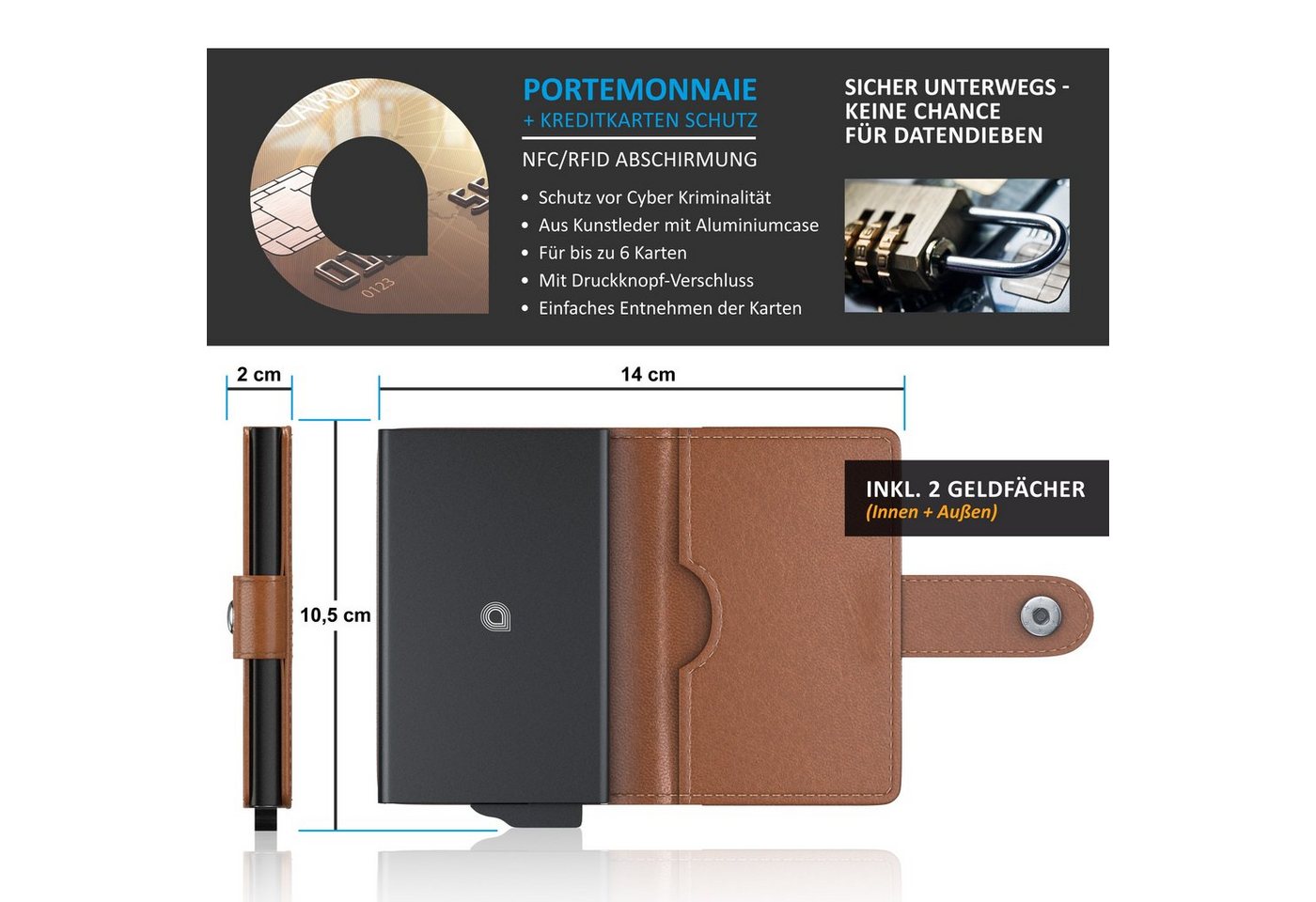 Aplic Kartenetui RFID Kartenetui aus Kunstleder (1-tlg), NFC / RFID Blocker Karten Portemonnaie, Abschirmung für max. 6 Karten – Bild 3 von 5