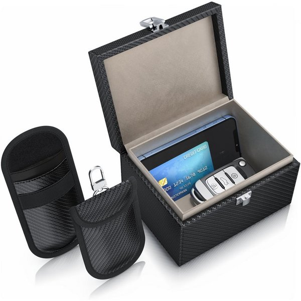 Aplic Schlüsseltasche NFC / RFID Schutzbox, Keyless Go Schutz Box, Autoschlüssel Abschirmung (3-tlg), inkl. 2 x Schlüsselstaschen, SafeBox, Kartentresor, Signal