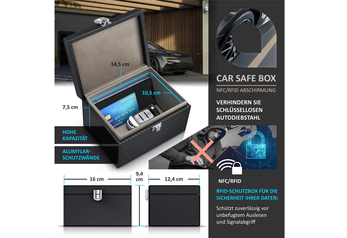 Aplic Schlüsseltasche NFC / RFID Schutzbox, Keyless Go Schutz Box, Autoschlüssel Abschirmung (3-tlg), inkl. 2 x Schlüsselstaschen, SafeBox, Kartentresor, Signal – Bild 2 von 5