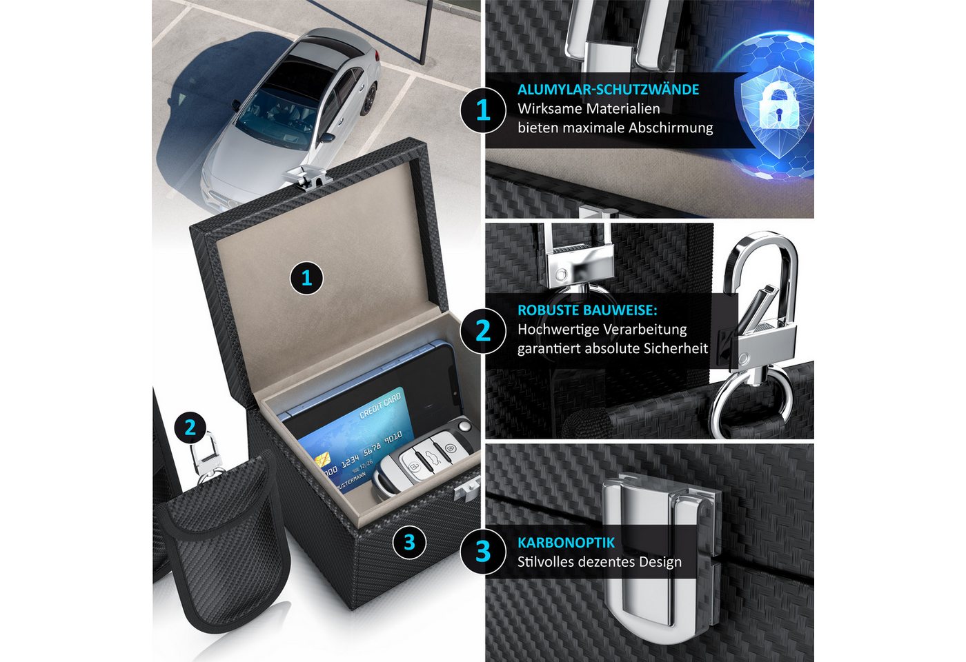 Aplic Schlüsseltasche NFC / RFID Schutzbox, Keyless Go Schutz Box, Autoschlüssel Abschirmung (3-tlg), inkl. 2 x Schlüsselstaschen, SafeBox, Kartentresor, Signal – Bild 3 von 5