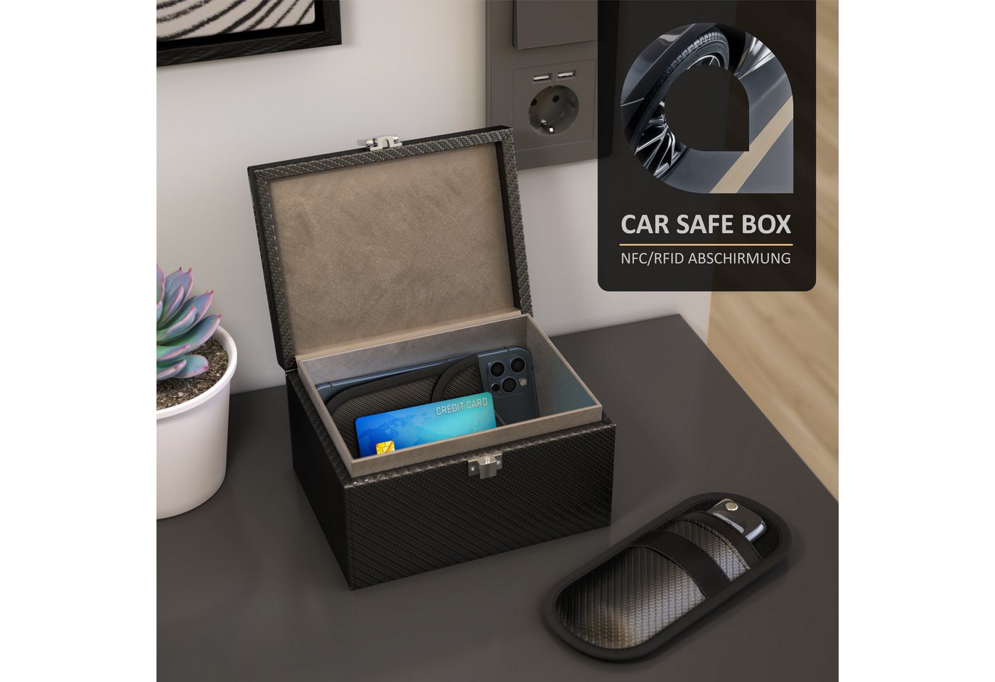 Aplic Schlüsseltasche NFC / RFID Schutzbox, Keyless Go Schutz Box, Autoschlüssel Abschirmung (3-tlg), inkl. 2 x Schlüsselstaschen, SafeBox, Kartentresor, Signal – Bild 5 von 5