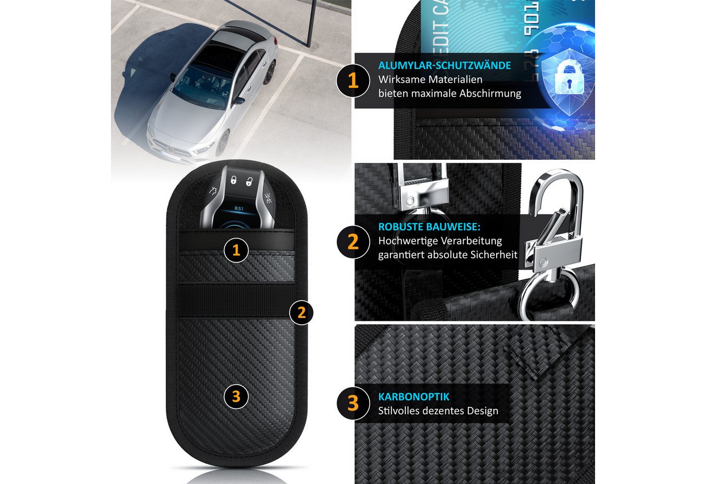 Aplic Schlüsseltasche RFID Blocker, Keyless, Faraday Tasche, 2er Set, NFC, Autoschlüssel (2-tlg), Carbonfaser, Karabiner, Klettverschluss, kompakt, Kreditkarten – Bild 3 von 5