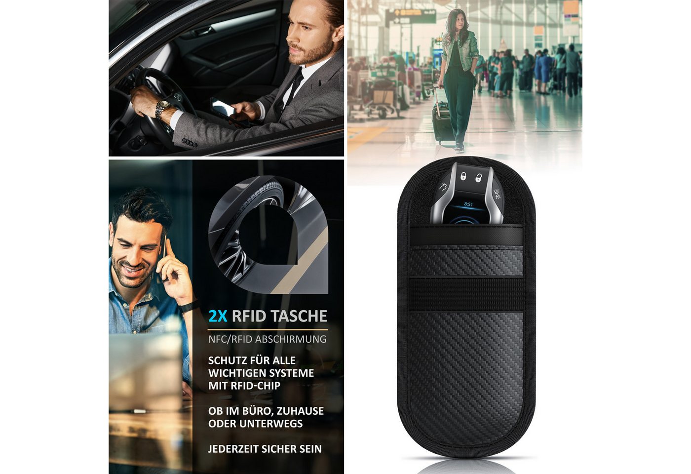 Aplic Schlüsseltasche RFID Blocker, Keyless, Faraday Tasche, 2er Set, NFC, Autoschlüssel (2-tlg), Carbonfaser, Karabiner, Klettverschluss, kompakt, Kreditkarten – Bild 5 von 5