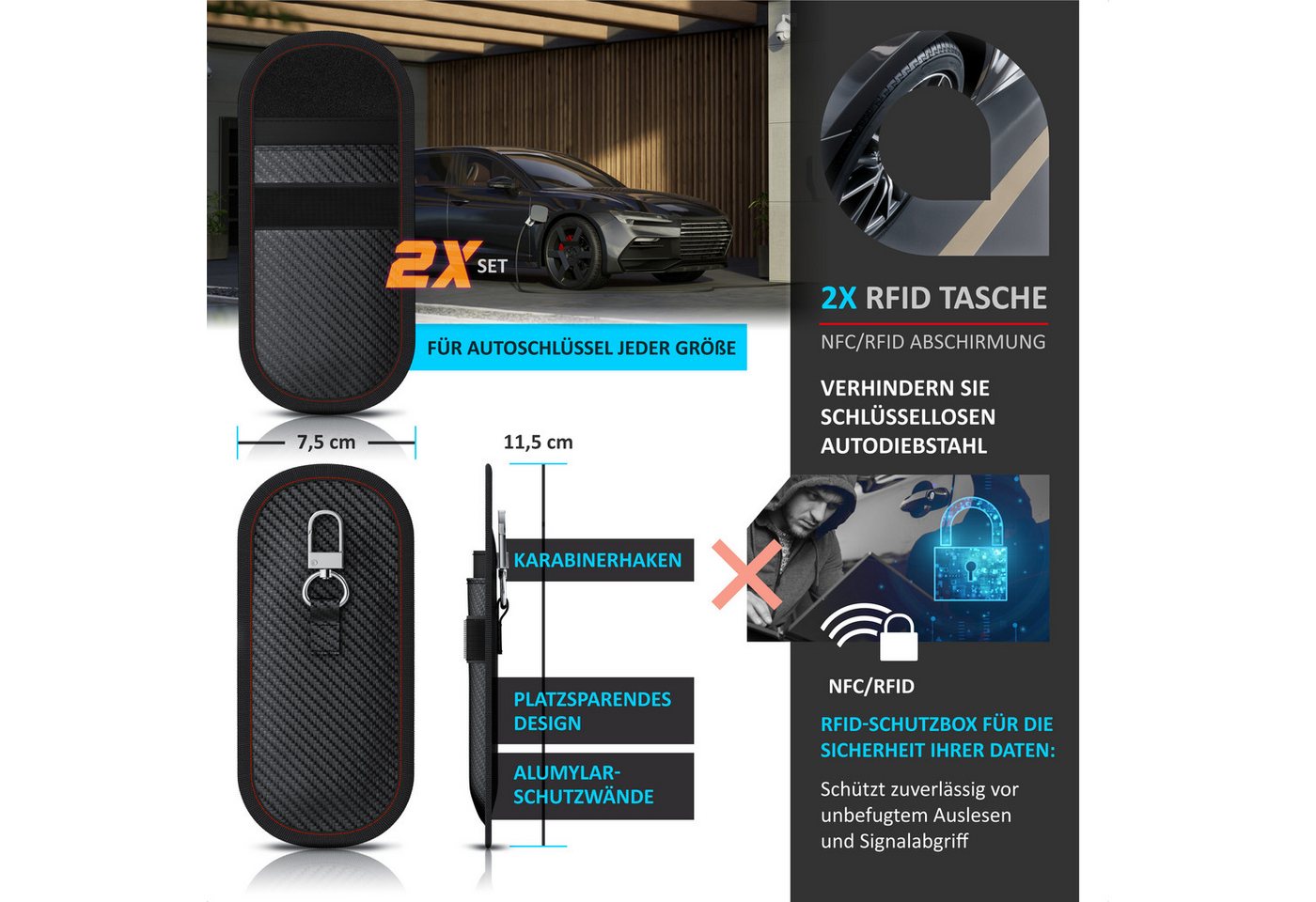 Aplic Schlüsseltasche RFID Blocker, Keyless, Faraday Tasche, 2er Set, NFC, Autoschlüssel (2-tlg), Carbonfaser, Karabiner, Klettverschluss, kompakt, Kreditkarten – Bild 2 von 5