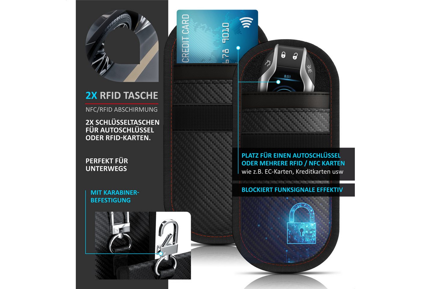 Aplic Schlüsseltasche RFID Blocker, Keyless, Faraday Tasche, 2er Set, NFC, Autoschlüssel (2-tlg), Carbonfaser, Karabiner, Klettverschluss, kompakt, Kreditkarten – Bild 4 von 5