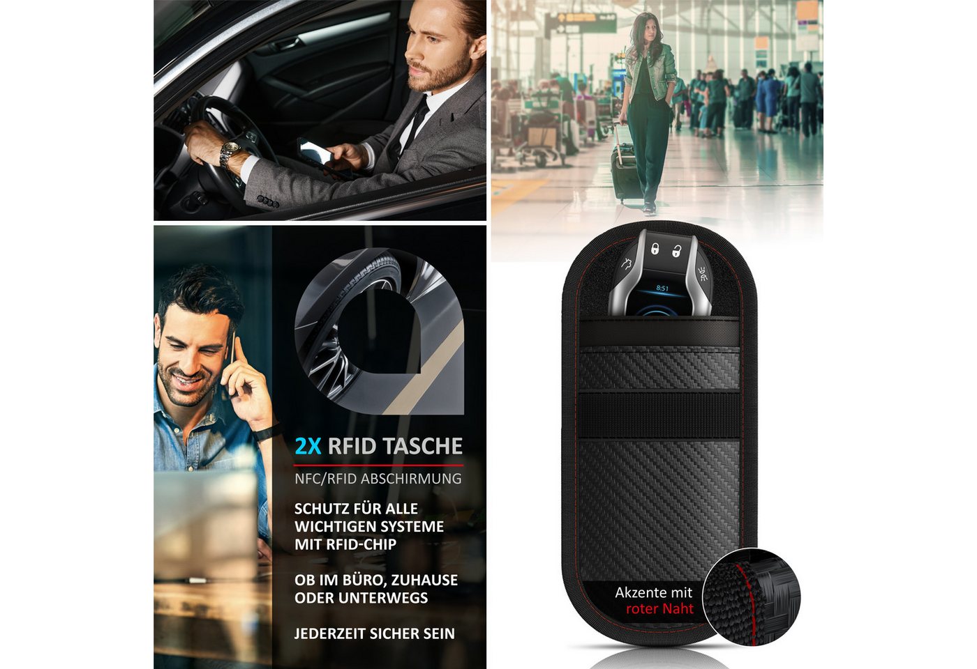 Aplic Schlüsseltasche RFID Blocker, Keyless, Faraday Tasche, 2er Set, NFC, Autoschlüssel (2-tlg), Carbonfaser, Karabiner, Klettverschluss, kompakt, Kreditkarten – Bild 5 von 5