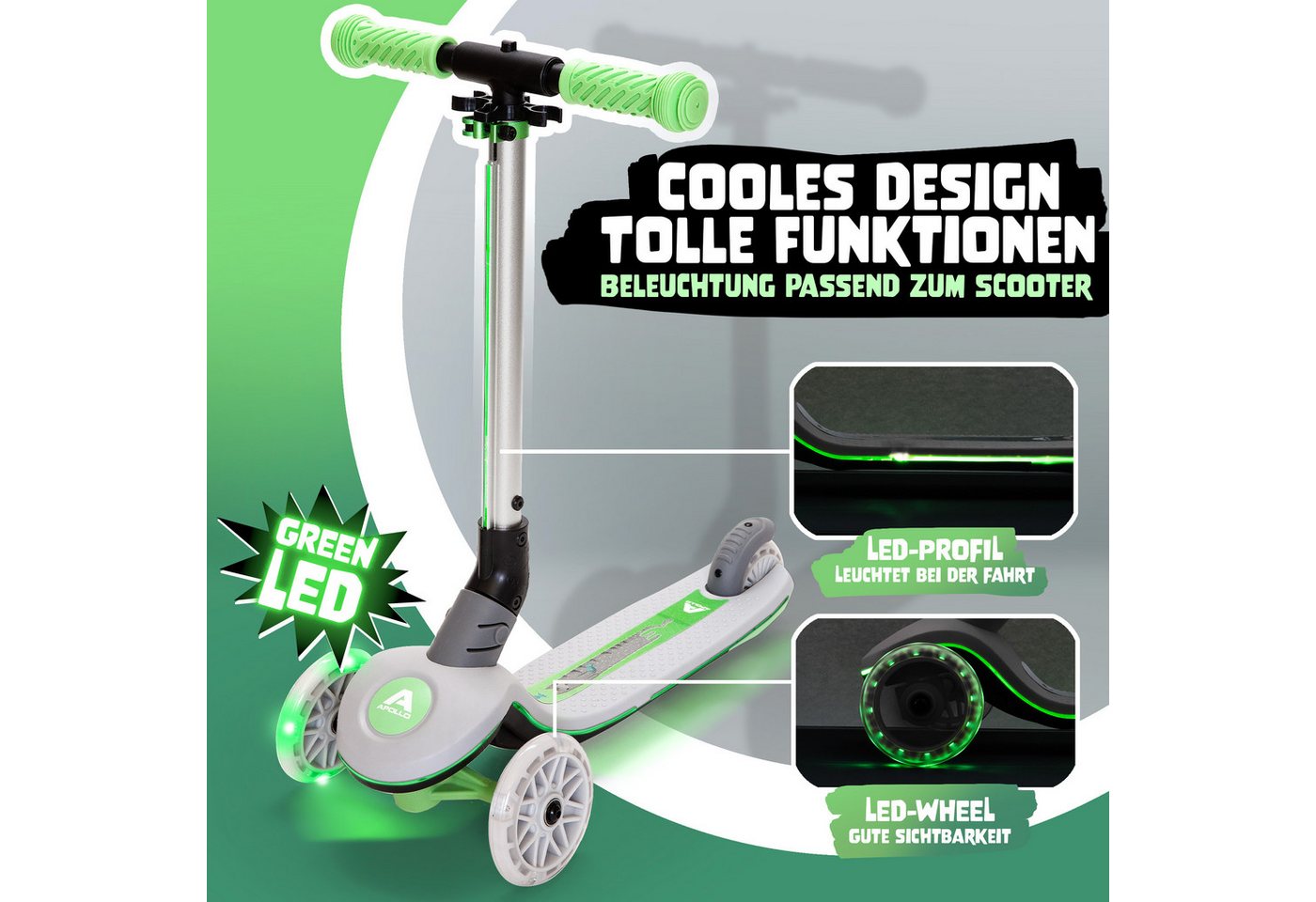 Apollo Dreiradscooter Whizzie LED, Kinderroller, klappbarer Dreirad Scooter, höhenverstellbar, ab 3 Jahre – Bild 2 von 5