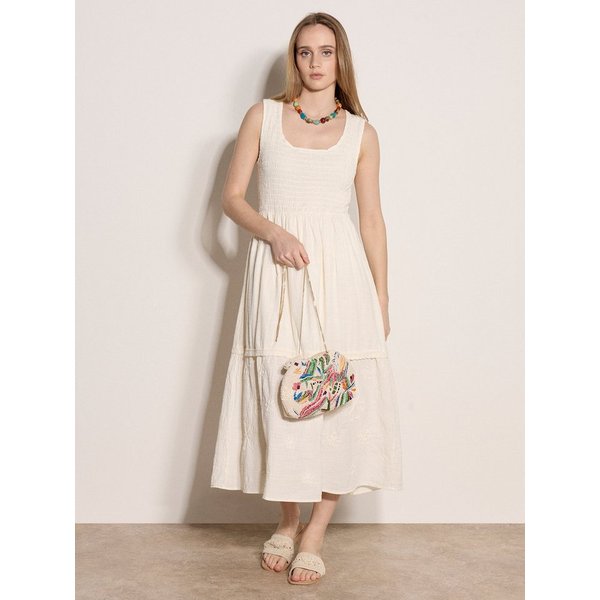 Apricot Maxikleid Besticktes, gestuftes Maxikleid mit Blumenmuster