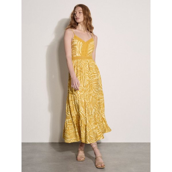 Apricot Maxikleid Cami-Maxikleid mit abstraktem Blattmuster und Spitze