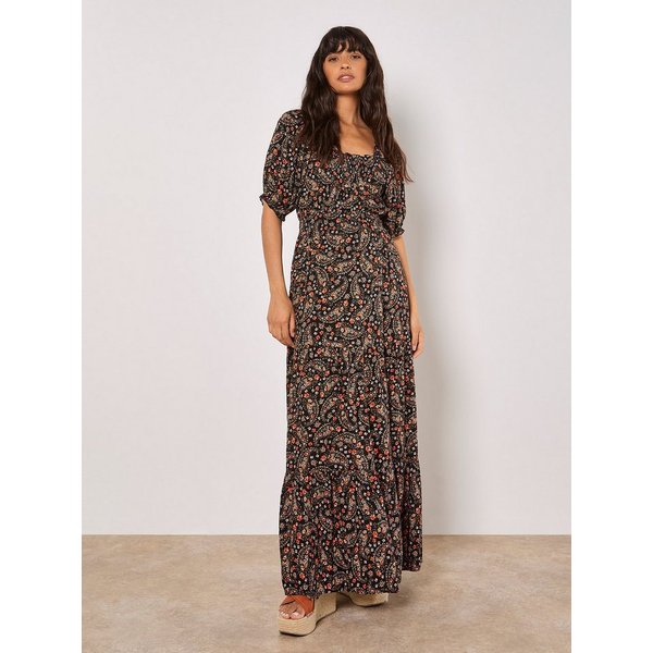 Apricot Maxikleid Geblümtes Paisley-Maxikleid mit elastischen Details