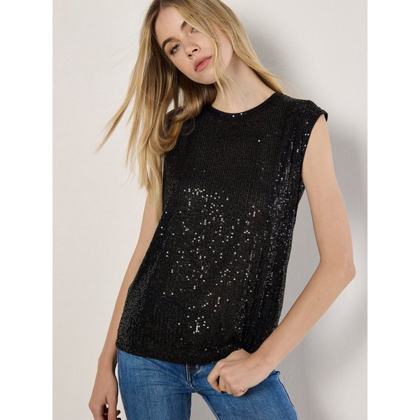 Apricot Paillettenshirt Ärmelloses Pailletten-Top mit Reißverschluss am Rücken