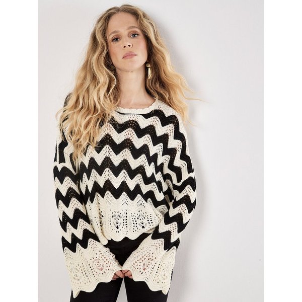 Apricot Rundhalspullover Chevron-Pullover mit Trompetenärmeln