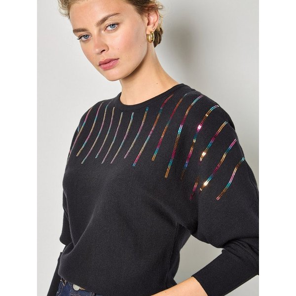 Apricot Rundhalspullover feiner Strickpullover mit Regenbogen-Pailletten