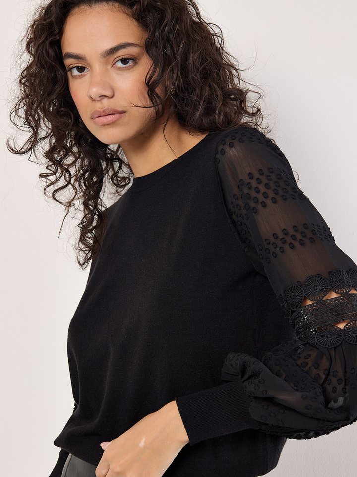 Apricot Rundhalspullover Pullover mit kontrastierenden Ärmeln mit Spitze – Bild 3 von 5