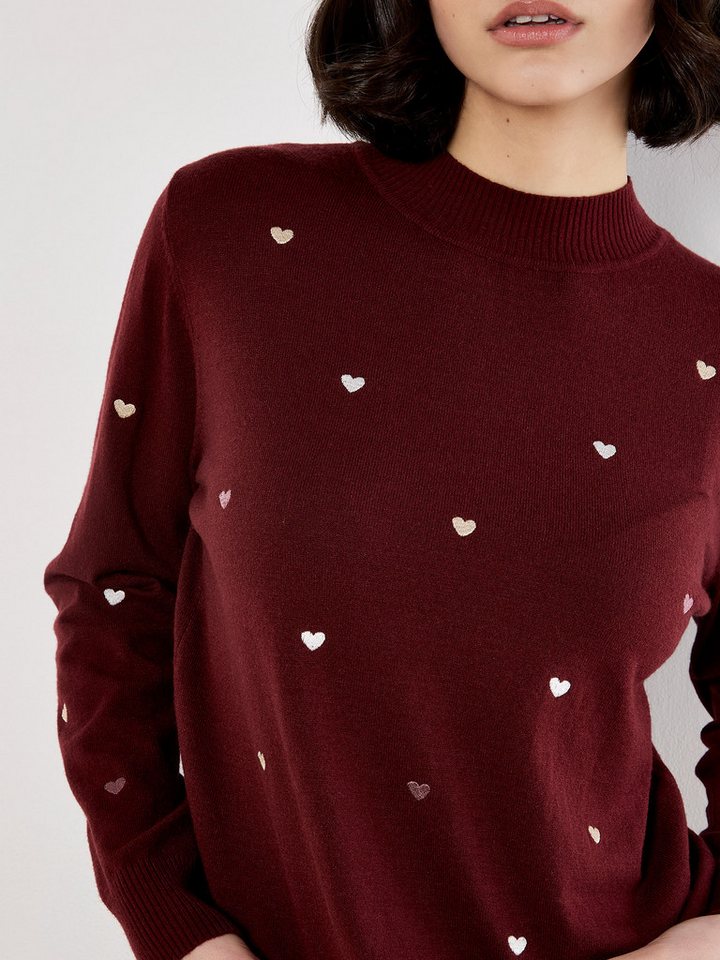 Apricot Rundhalspullover Stehkragenpullover mit aufgestickten Herzen – Bild 3 von 5