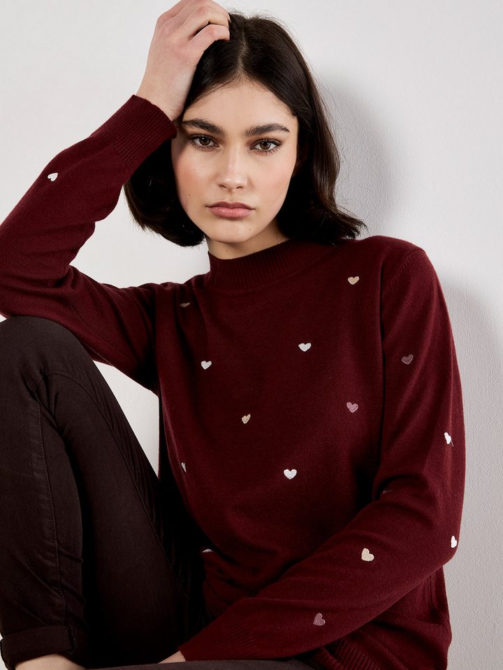 Apricot Rundhalspullover Stehkragenpullover mit aufgestickten Herzen – Bild 5 von 5