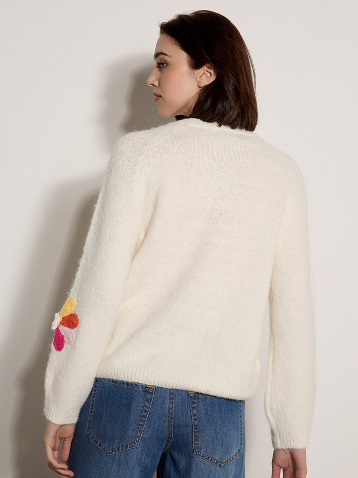 Apricot Rundhalspullover Strickpullover mit aufgenähten bunten Blumen – Bild 3 von 4