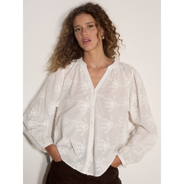 Apricot Spitzenbluse Floral bestickte Bluse mit Ballonärmeln
