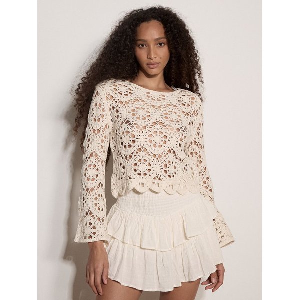 Apricot Spitzenshirt Boho-Häkeloberteil mit Blumenmuster Häkelverzierungen