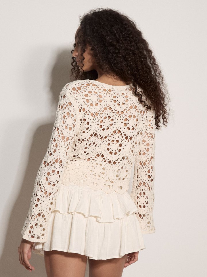 Apricot Spitzenshirt Boho-Häkeloberteil mit Blumenmuster Häkelverzierungen – Bild 4 von 4