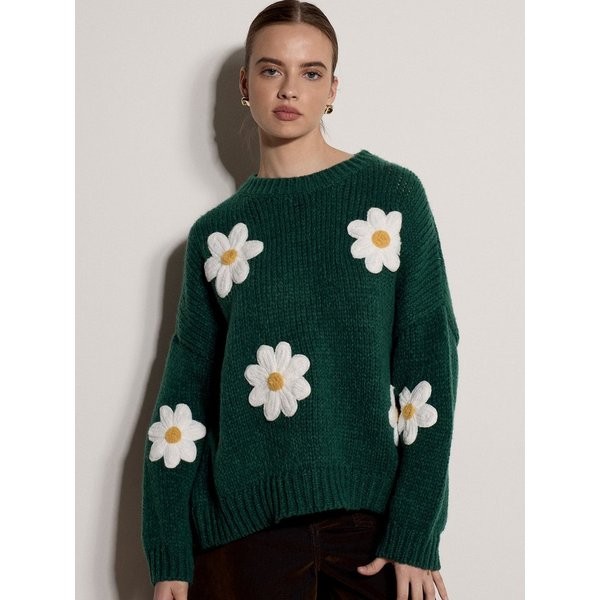 Apricot Strickpullover Bestickter Pullover mit Gänseblümchen