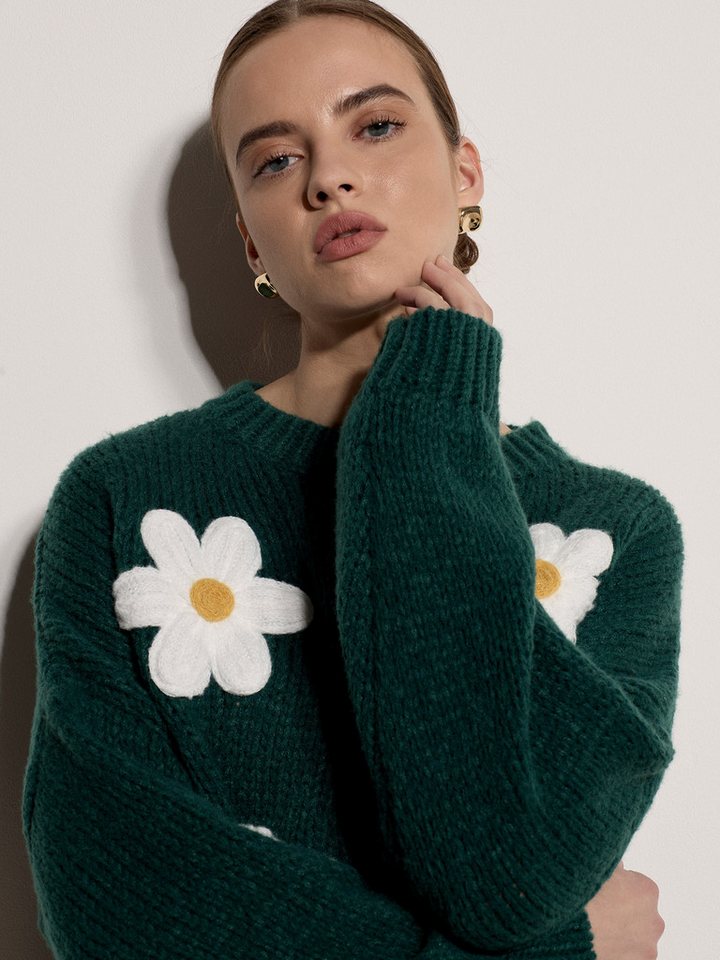 Apricot Strickpullover Bestickter Pullover mit Gänseblümchen – Bild 3 von 5