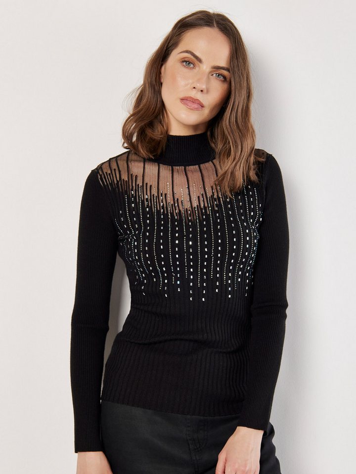 Apricot Strickpullover geripptes Top aus Mesh mit Glitzersteinen – Bild 2 von 5