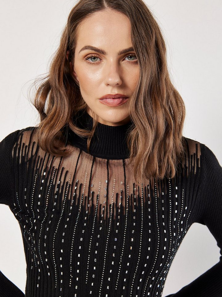 Apricot Strickpullover geripptes Top aus Mesh mit Glitzersteinen – Bild 3 von 5