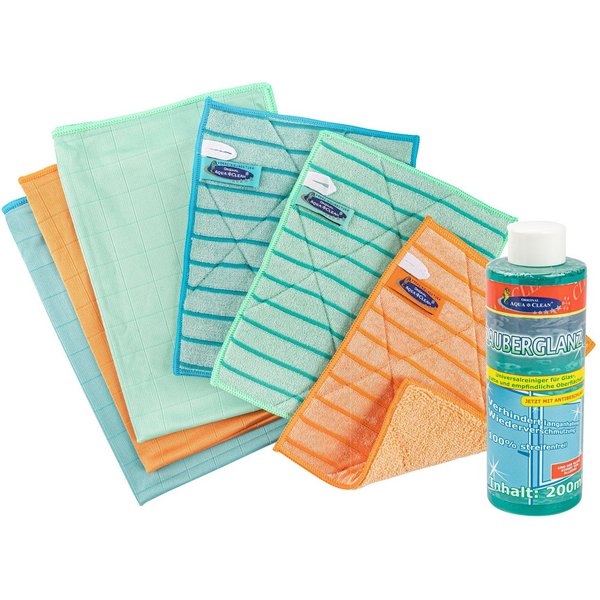 AQUA CLEAN Geschirrtuch Mikrofaser Fenstertuch Ultra Plus Kristall 6tlg. + Zauberglanz 200ml, (3 Trockentücher, 3 Vorreinigungstücher, 1 Zauberglanz 200 ml), St
