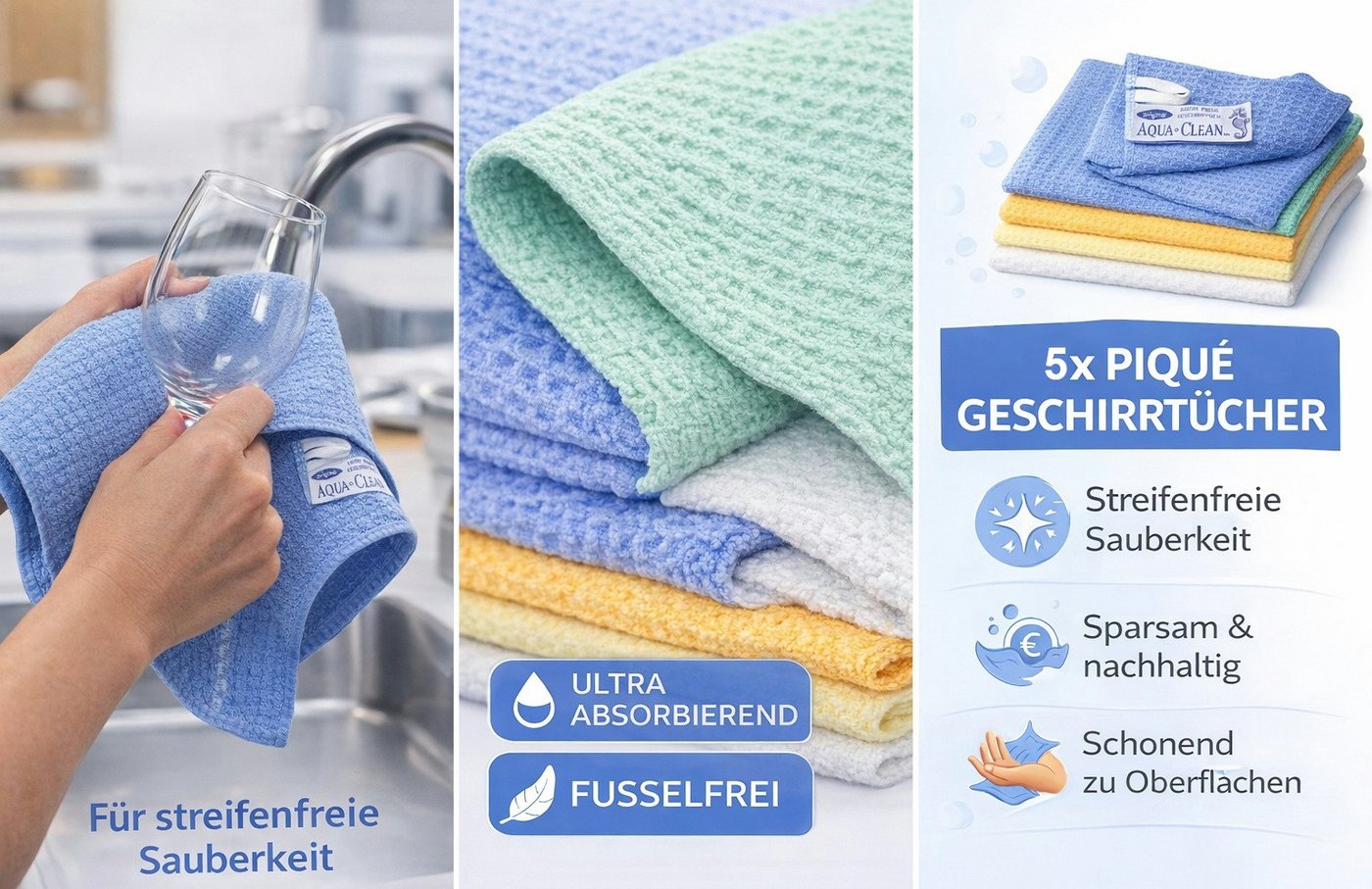 AQUA CLEAN Geschirrtuch Pique Mikrofaser, (5-tlg), Extra saugstark, streifenfrei und mit Piqué-Waffelstruktur – Bild 2 von 3