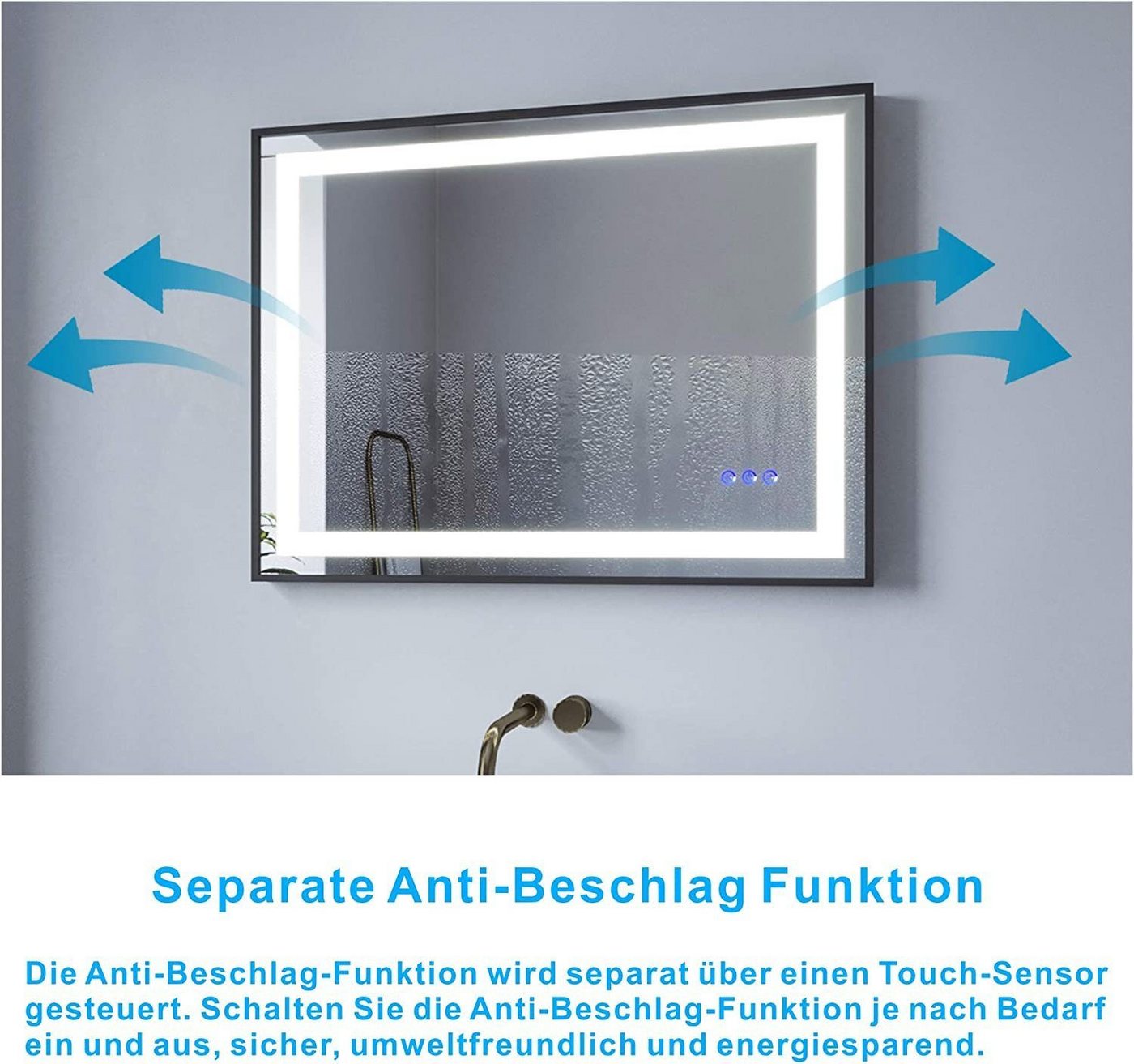 AQUALAVOS Badspiegel Badspiegel mit LED Licht Schwarzer Rahmen Antibeschlage Lichtspiegel, mit 6400K Kaltweiß/ 3000K Warmweiß Licht Beleuchtung, Energiesparende – Bild 5 von 5