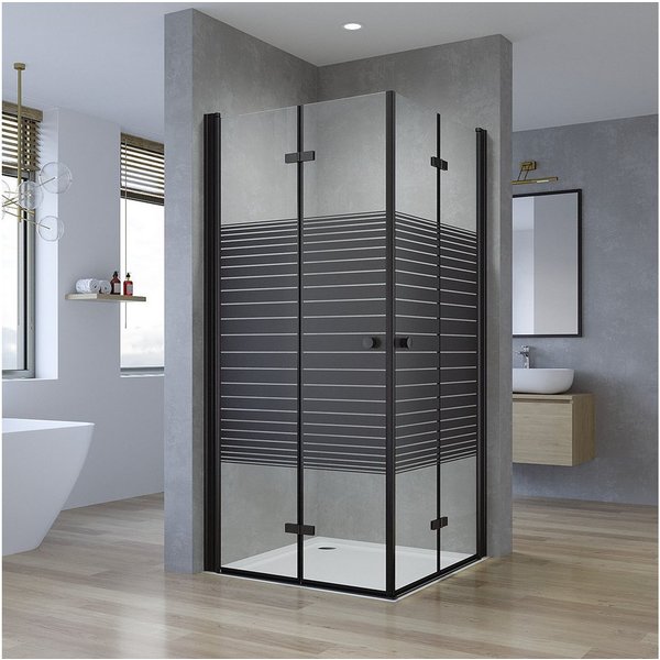 AQUALAVOS Eckdusche Duschkabine Ecke Schwarz mit Pendeltüren Klappbar Streifendekor Dusche, BxT: 70x70 cm, 5 mm ESG-Sicherheitsglas, Modernes Loft-Design 15 mm 