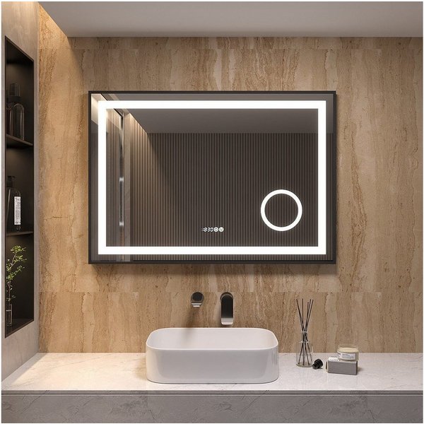 AQUALAVOS LED-Lichtspiegel Badspiegel mit Beleuchtung 100-120 cm Kaltweiß Dimmbar 3X Vergrößerung, Aluminiumrahmen Schwarz mat, Schminkspiegel 3-Fach Vergrößeru