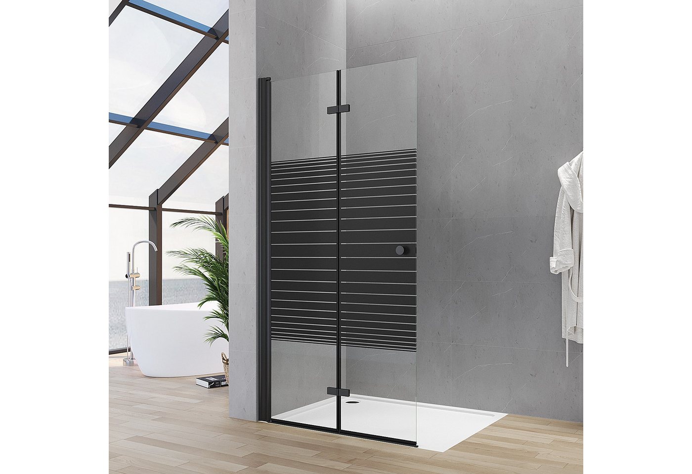 AQUALAVOS Walk-in-Dusche Duschwand mit klappbarem Faltelement aus 5mm ESG Schwarz Streifendekor, 5mm ESG, 15 mm Wandausgleich Heb-/Senk-Funktion Aluminiumrahmen – Bild 2 von 5