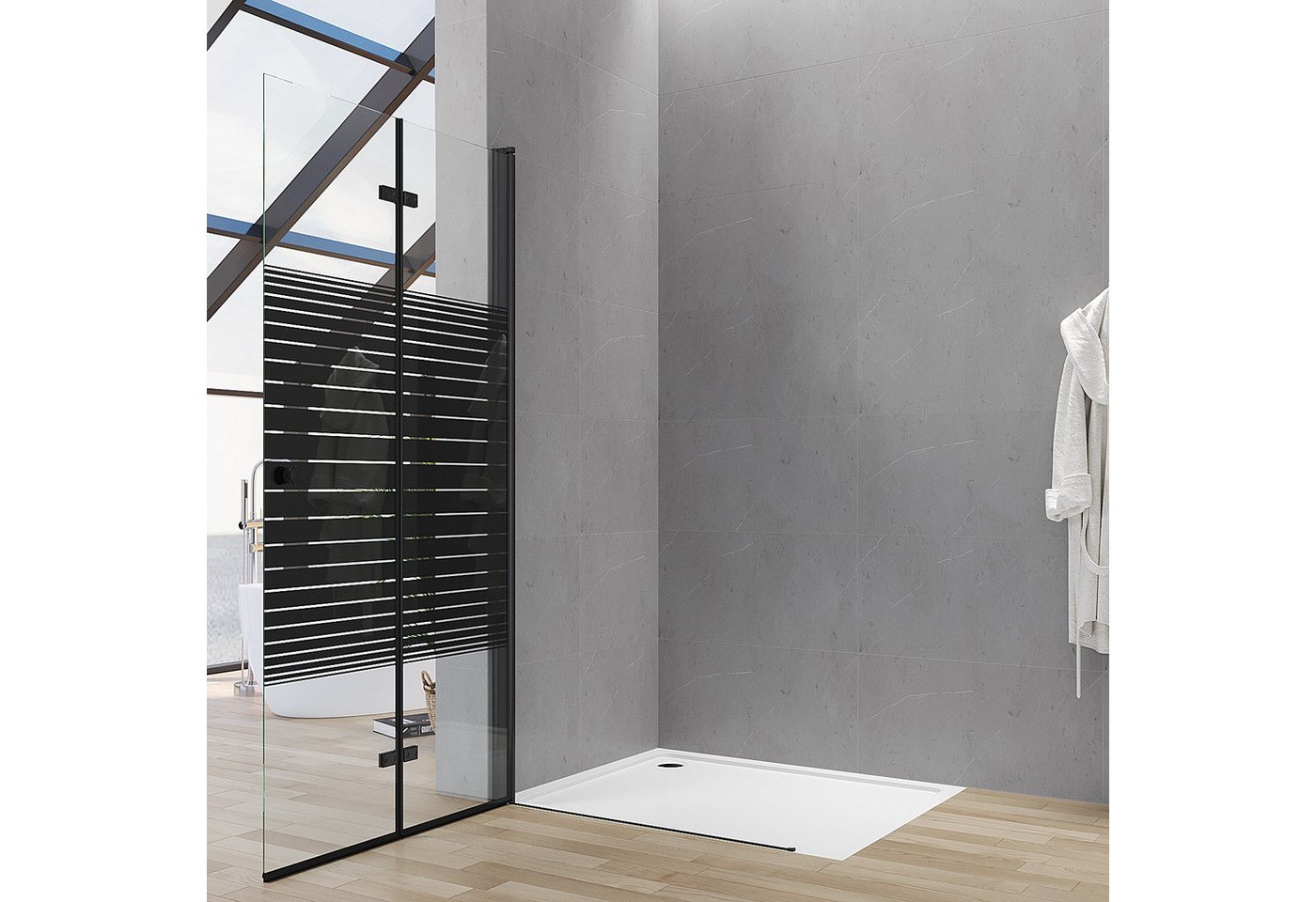 AQUALAVOS Walk-in-Dusche Duschwand mit klappbarem Faltelement aus 5mm ESG Schwarz Streifendekor, 5mm ESG, 15 mm Wandausgleich Heb-/Senk-Funktion Aluminiumrahmen – Bild 3 von 5