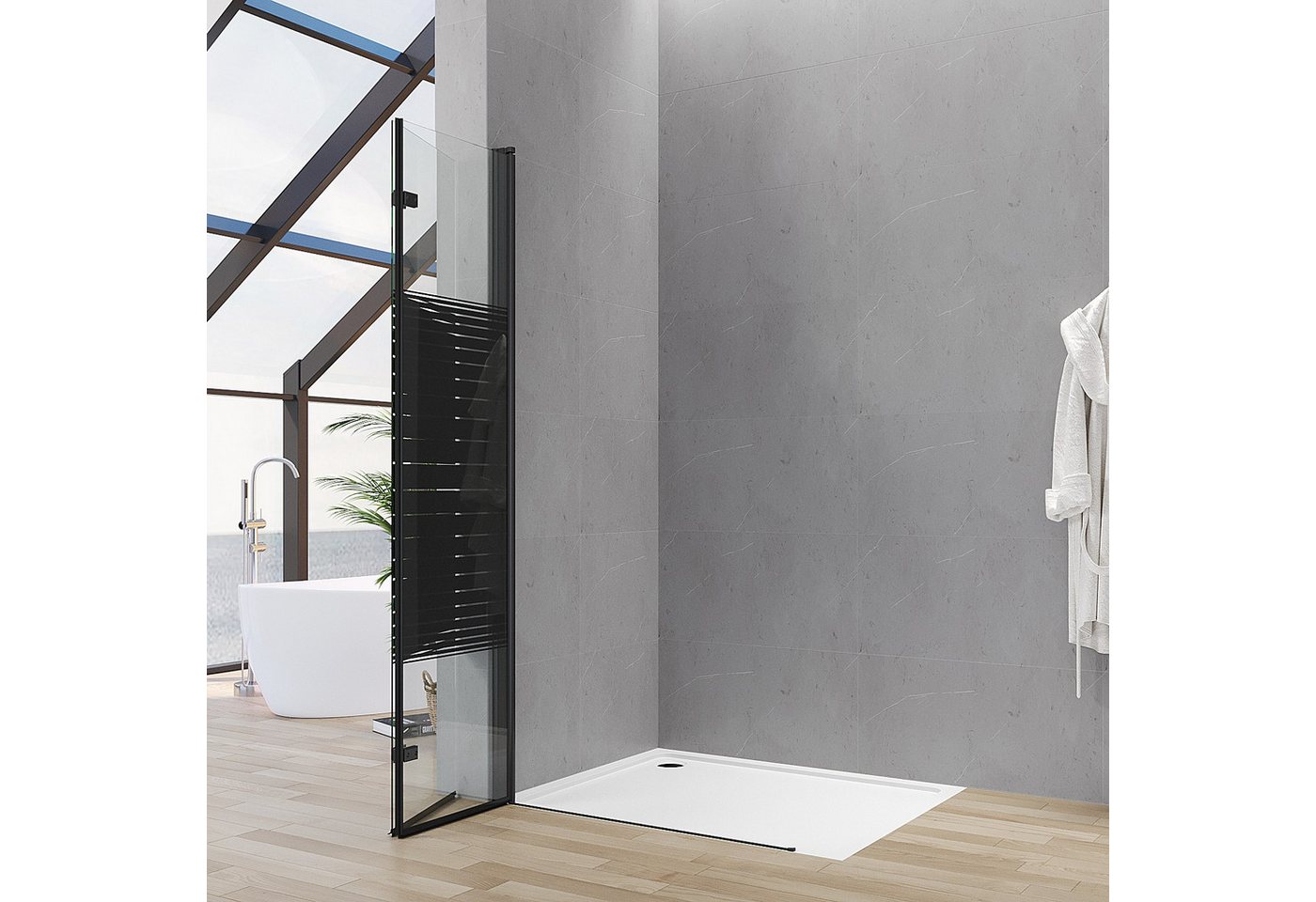 AQUALAVOS Walk-in-Dusche Duschwand mit klappbarem Faltelement aus 5mm ESG Schwarz Streifendekor, 5mm ESG, 15 mm Wandausgleich Heb-/Senk-Funktion Aluminiumrahmen – Bild 4 von 5