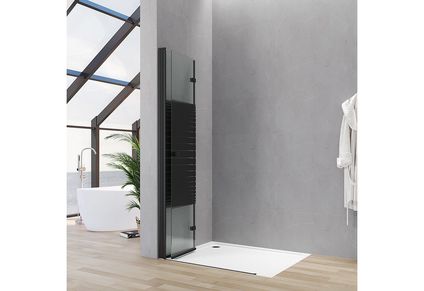AQUALAVOS Walk-in-Dusche Duschwand mit klappbarem Faltelement aus 5mm ESG Schwarz Streifendekor, 5mm ESG, 15 mm Wandausgleich Heb-/Senk-Funktion Aluminiumrahmen – Bild 5 von 5