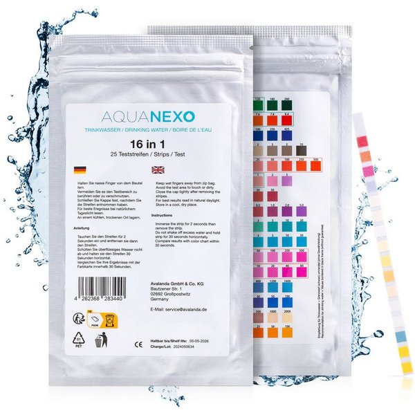 AquaNexo Trinkwassertest Wassertester Teststreifen 16-in-1 Trinkwassertest pH Wasserhärte 25st.