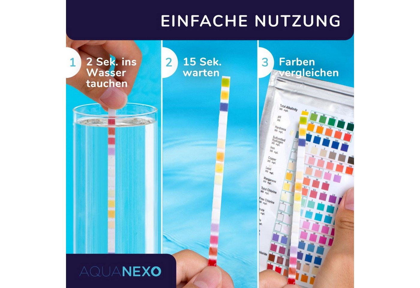 AquaNexo Trinkwassertest Wassertester Teststreifen 16-in-1 Trinkwassertest pH Wasserhärte 25st. – Bild 4 von 5