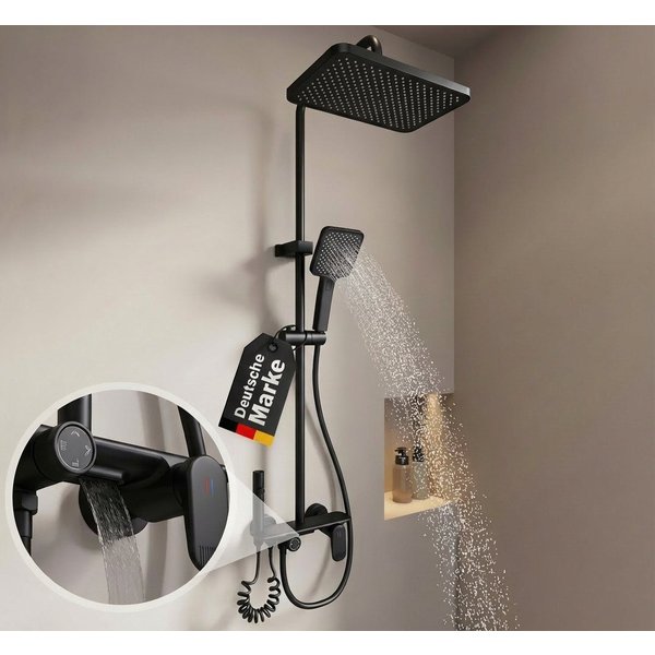AQUANOBLE SYSTEMS Badarmatur Duschsystem Messing 4 Funktionen (komplett Set) Keramik Mischventil, Edelstahl Duschsäule, Höhenverstellbar