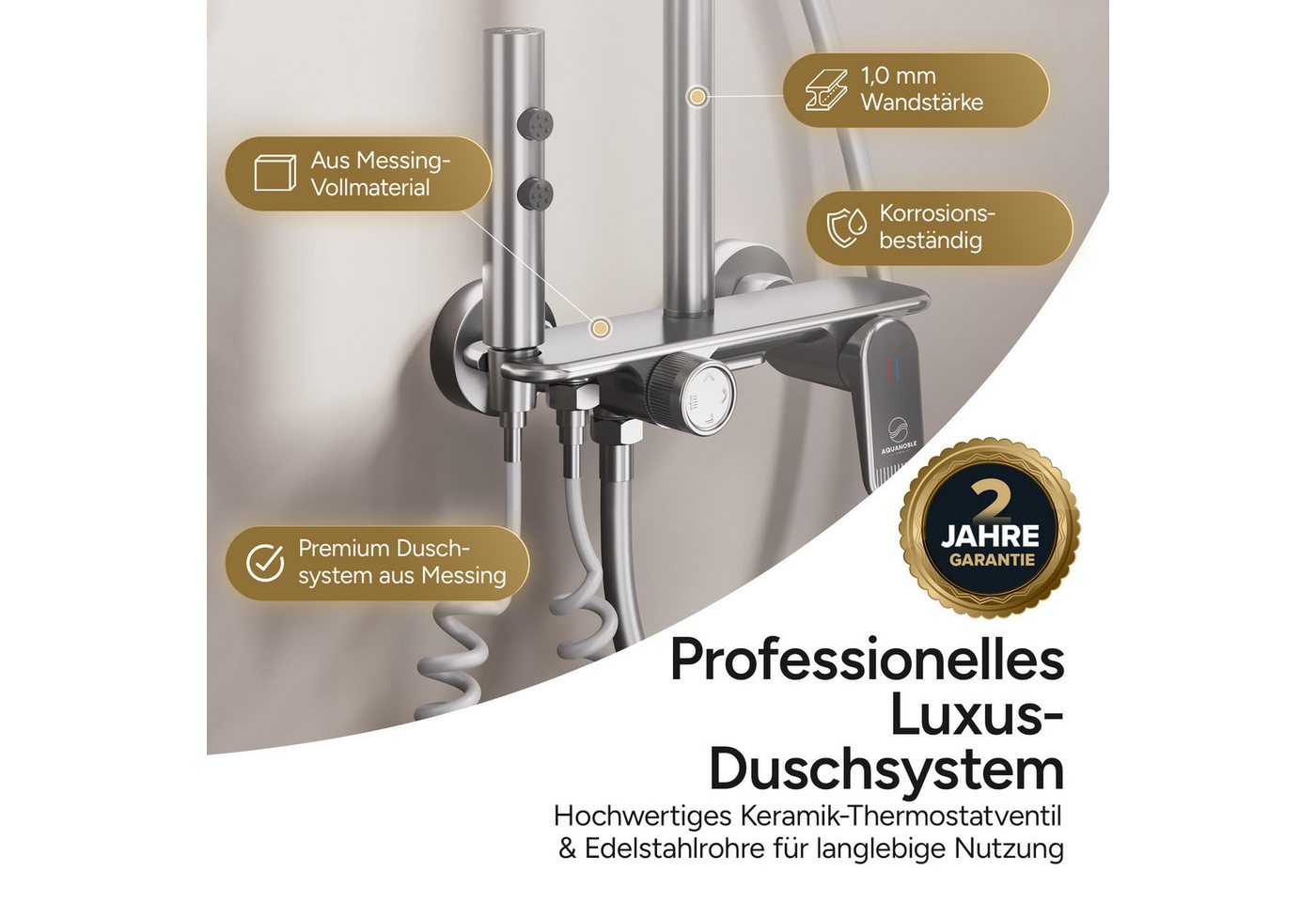 AQUANOBLE SYSTEMS Badarmatur Duschsystem Messing 4 Funktionen (komplett Set) Keramik Mischventil, Edelstahl Duschsäule, Höhenverstellbar – Bild 2 von 5