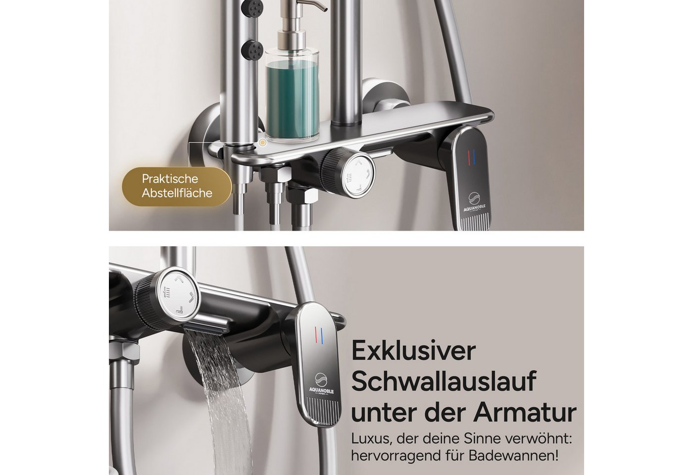AQUANOBLE SYSTEMS Badarmatur Duschsystem Messing 4 Funktionen (komplett Set) Keramik Mischventil, Edelstahl Duschsäule, Höhenverstellbar – Bild 5 von 5