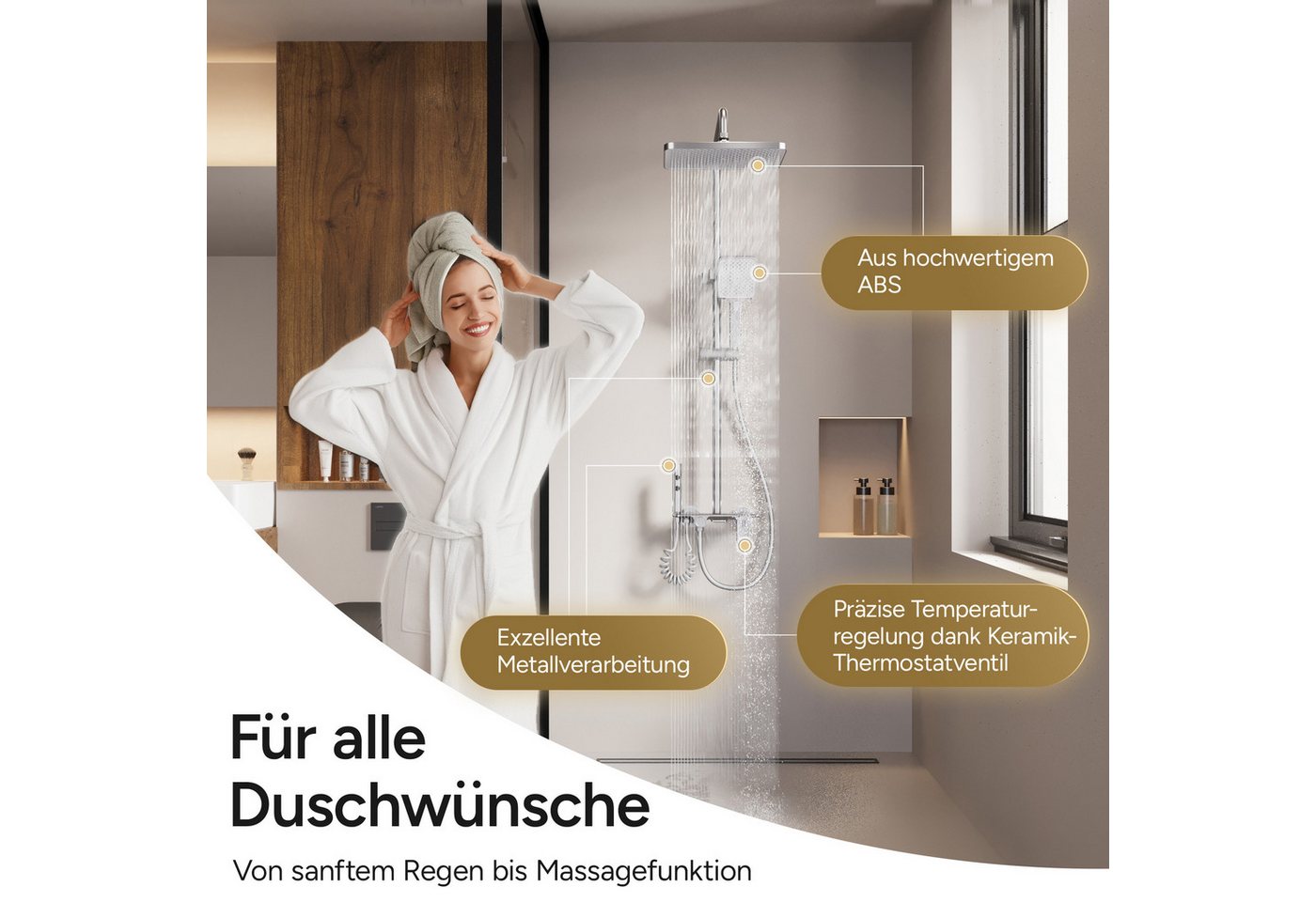 AQUANOBLE SYSTEMS Badarmatur Duschsystem Messing 4 Funktionen (komplett Set) Keramik Mischventil, Edelstahl Duschsäule, Höhenverstellbar – Bild 3 von 5
