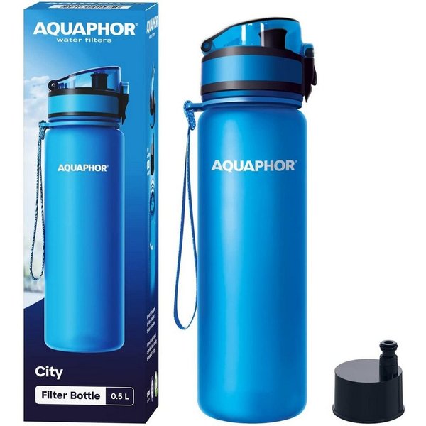AQUAPHOR Trinkflasche City Wasserfilterflasche 500ml., blau. Filter mit Aktivkohle., Flasche mit Wasserfilter für unterwegs, Farbe: blau