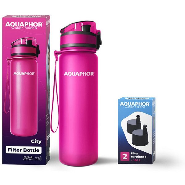 AQUAPHOR Trinkflasche Set Trinkflasche City Wasserfilterflasche 500ml., pink, inkl. Pack 2 Filterpatronen CITY/Aktikohle-Filter