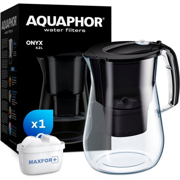 AQUAPHOR Wasserfilter ONYX schwarz - Premium-Wasserfilter aus Tritan, bruchsicher, Zubehör für Filterkartuschen MAXFOR+, MAXFOR+H hartes Wasser & MAXFOR+ Mg. Ma